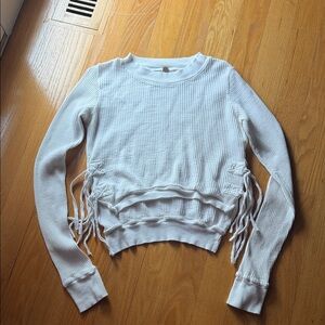 Free People Cream Cropped Waffle Knit Side-Tie Pullover